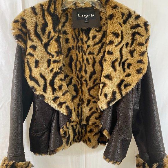SOLD Incognita Brown Faux Leather Animal Print & Fur Lined Jacket NWOT - Picture 2 of 16